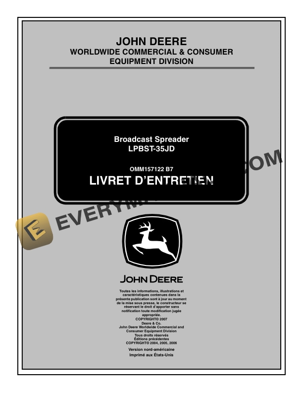 John Deere LPBST 35JD Broadcast Spreader Operator Manual OMM157122 2