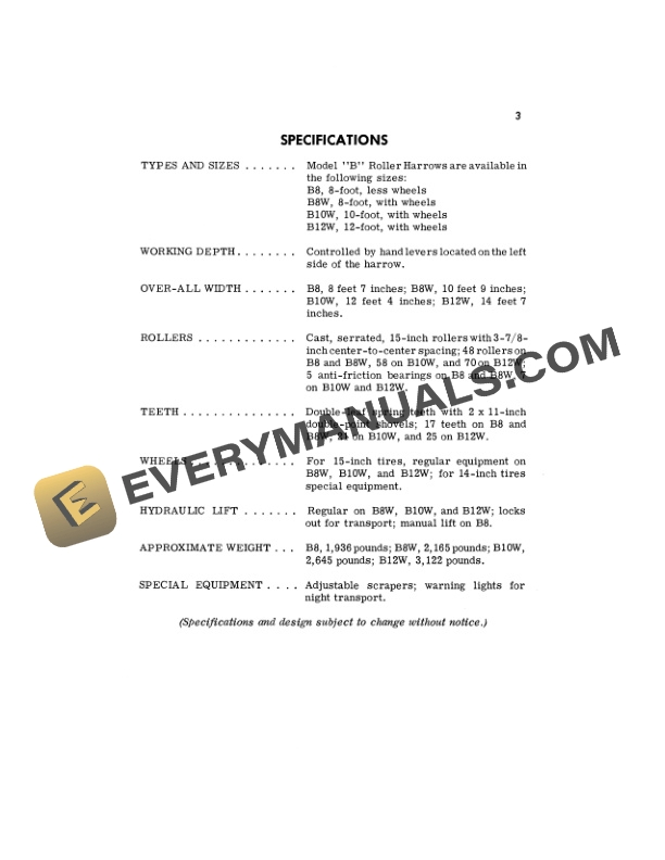 John Deere MODEL B ROLLER HARROWS Operator Manual OMA13009-2