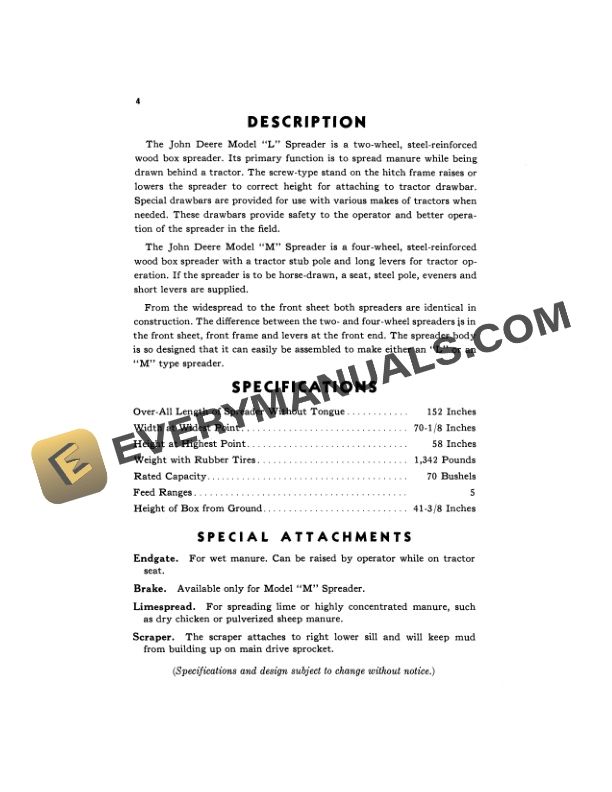 John Deere MODELS L AND M SPREADER Operator Manual OMC13831-2