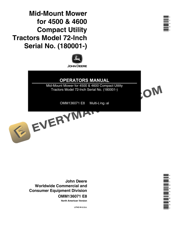 John Deere Mid-Mount Mower for 4500 and 4600 Compact Utility Tractors Model 72 Operator Manual OMM136071-1