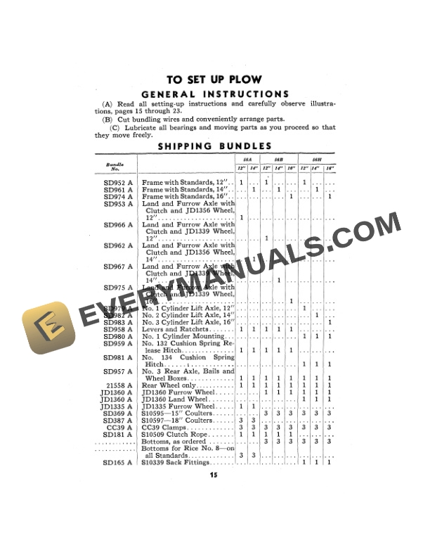 John Deere Nos. 55- 56A- 56B- 56H 3-Bottom Tractor Plow Operator Manual OMA4446-2