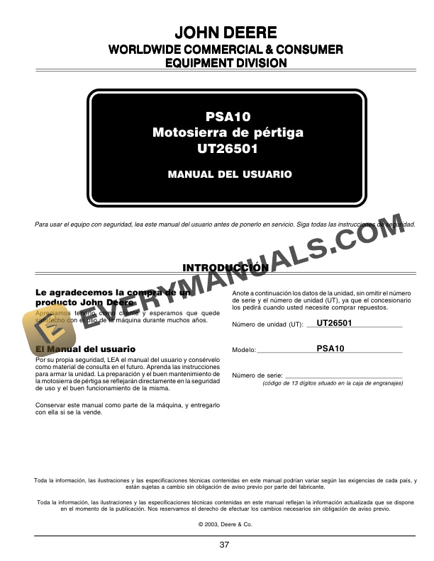 John Deere PSA10 Pole Saw Attachment UT26501 Operator Manual OMPS10053 3