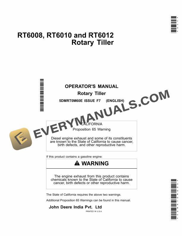 John Deere RT6008, RT6010 and RT6012 Rotary Tiller Operator Manual 5DMRT0M60E-1