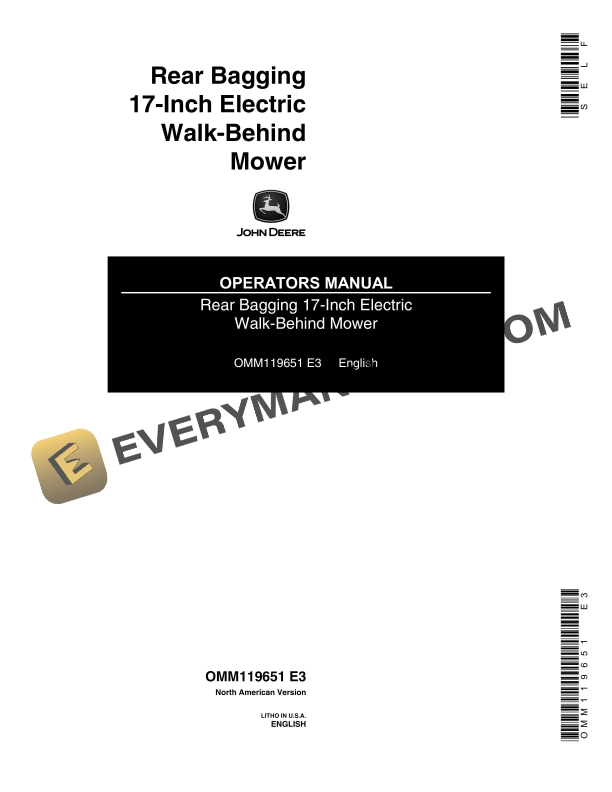 John Deere Rear Bagging 17-Inch Electric Walk-Behind Mower Operator Manual OMM119651-1