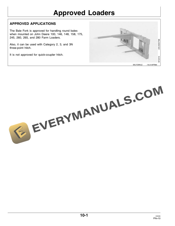 John Deere Round Bale Fork Attachment For 100 and 200 Series Farm Loader Operator Manual OMW37987-2