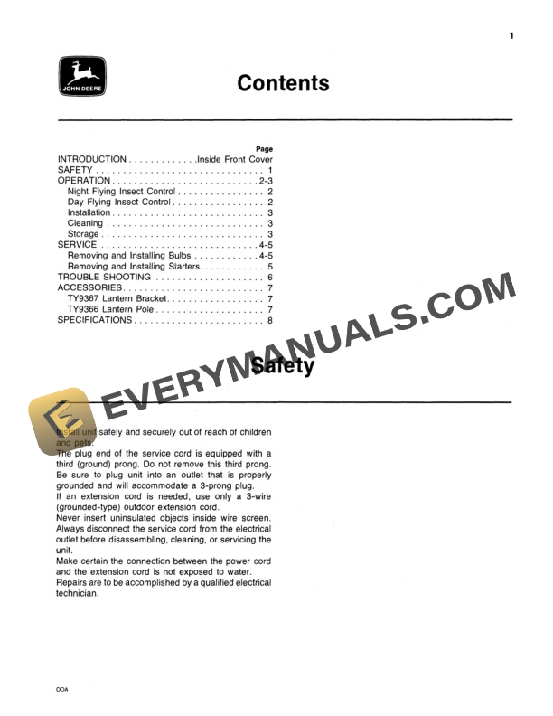 John Deere TY15125, TY15126 AND TY15127 ELECTRONIC FLYING INSECT AND FLY KILLERS Operator Manual OMTY3964-2