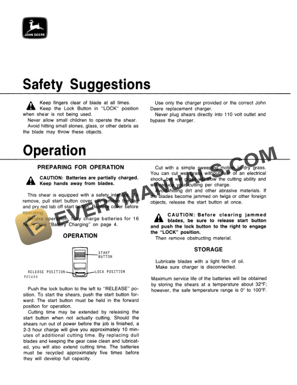 John Deere TY2365 3-INCH AND TY2366 4-INCH CORDLESS ELECTRIC GRASS SHEARS Operator Manual OMTY2384-2
