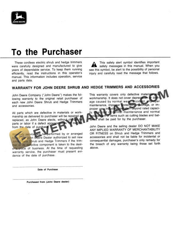 John Deere TY2368 TY2369 TY2370 CORDLESS ELECTRIC SHRUB AND HEDGE TRIMMERS Operator Manual OMTY2385-2