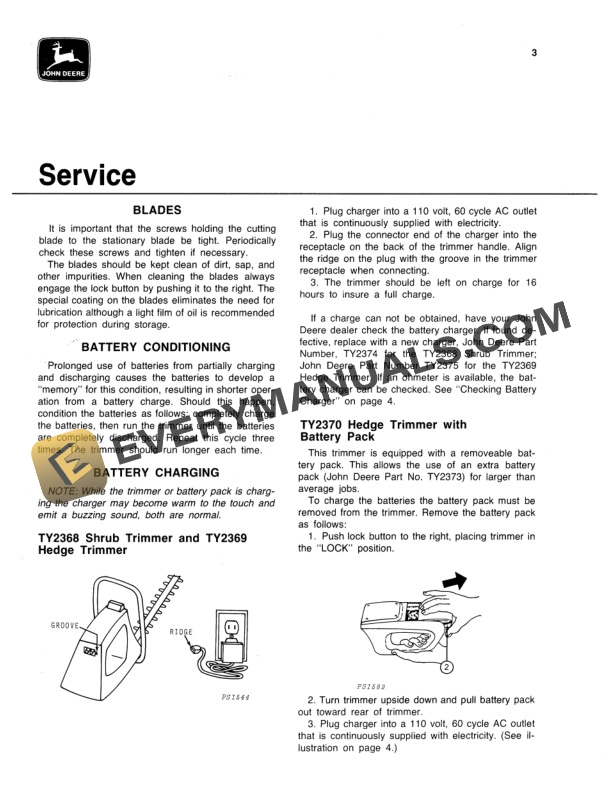 John Deere TY2368 TY2369 TY2370 CORDLESS ELECTRIC SHRUB AND HEDGE TRIMMERS Operator Manual OMTY2385-3