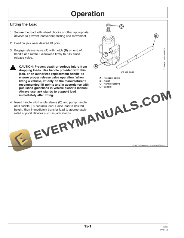 John Deere TY26303, TY26304, TY26305, TY26306, TY26307, TY26308 Hydraulic Bottle Jacks Operator Manual OMTY26292-2