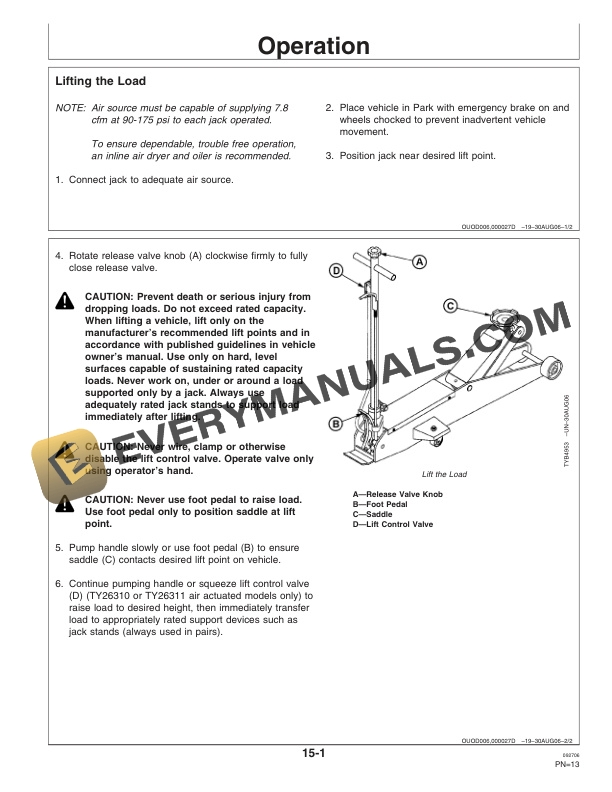 John Deere TY26309 (4 Ton) TY26310 (10 Ton) TY26311 (20 Ton) Long Chassis Hydraulic Service Jacks Operator Manual OMTY26295-2