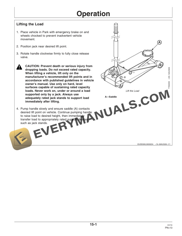 John Deere TY26313 and TY26314 MagicLift Hydraulic Service Jacks Operator Manual OMTY26293-2