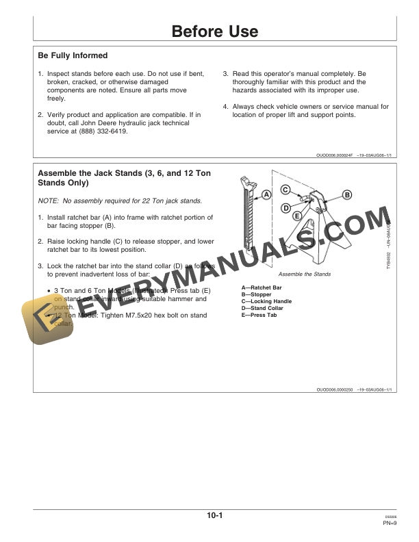 John Deere TY26315 (3 Ton) TY26316 (6 Ton) TY26317 (12 Ton) TY26322 (22 Ton) Heavy Duty Jack Stands Operator Manual OMTY26296-2