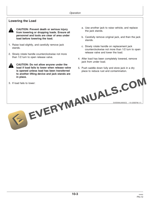 John Deere TY26324 (2 Ton) and TY26325 (3 Ton) Heavy Duty Service Jacks Operator Manual OMTY26300-2