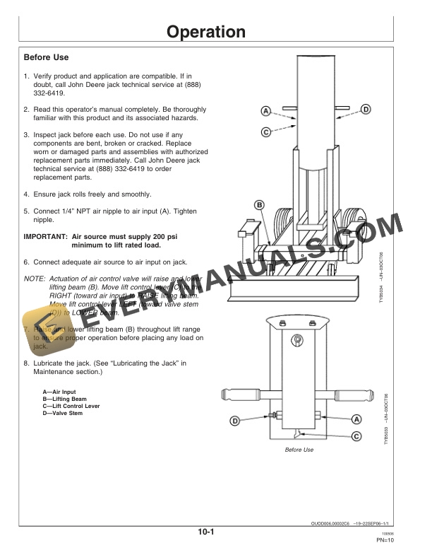 John Deere TY26326 10 Ton Air Operated End Lift Operator Manual OMTY26301-2