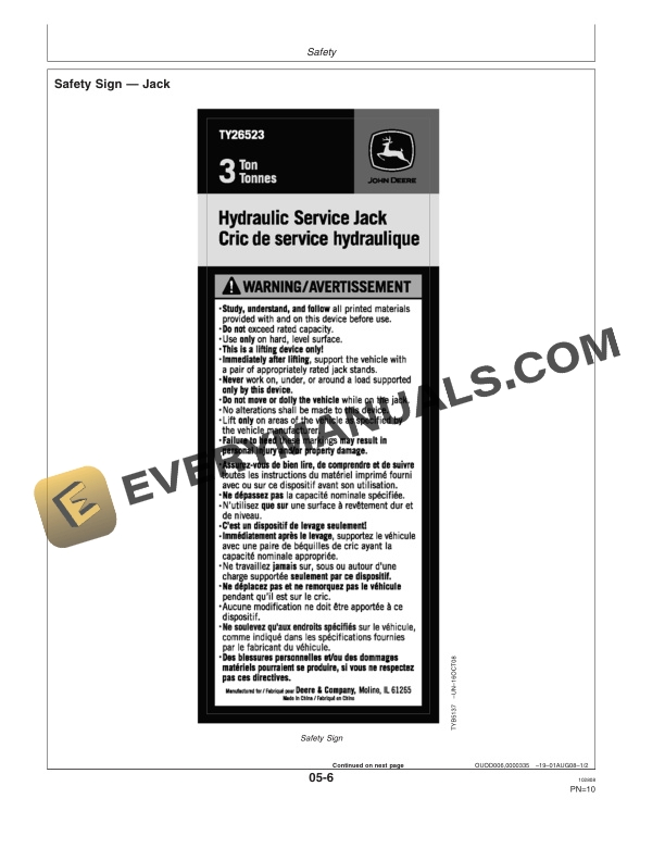 John Deere TY26522 and TY26523 Service Jacks and TY26315 Jack Stands Operator Manual OMTY26568 4 John Deere TY26522 and TY26523 Service Jacks and TY26315 Jack Stands Operator Manual OMTY26568E-2