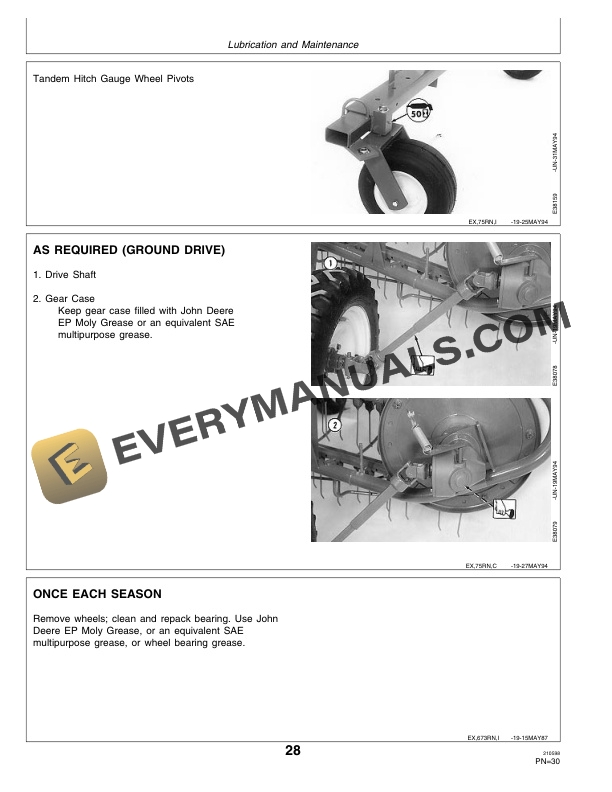 John Deere Tandem Hitches and 67 74 and 75 Side-Delivery Rakes Operator Manual OME87592-3