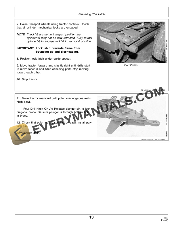 John Deere Three and Four Drill Transport Hitches For 9000 Series Grain Drills Operator Manual OMN200298-2