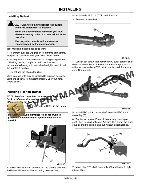 John Deere Tiller for X400 X500 Series Tractors 42 Hydraulic Operator Manual OMM146235-2