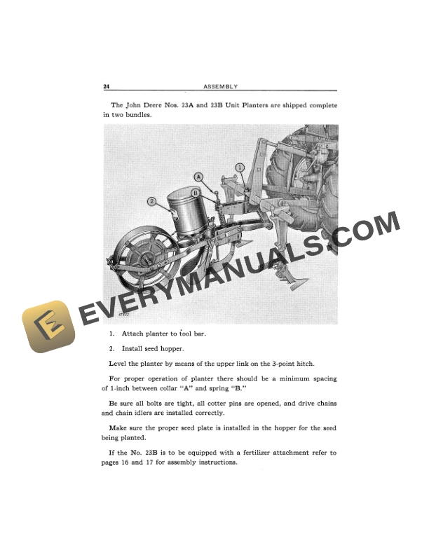 John Deere UNIT PLANTERS COTTON AND CORN NOS. 23A AND 23B FOR REAR MOUNTED TOOL BARS Operator Manual OMB461255-3