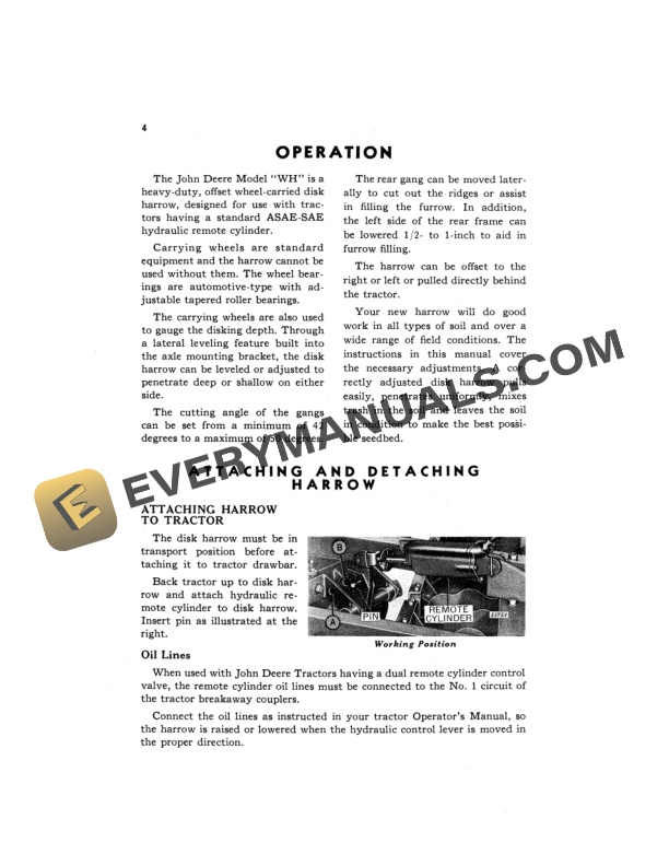 John Deere WH WHEEL-TYPE OFFSET DISK HARROWS Operator Manual OMW351061-2