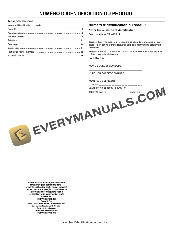 John Deere XT105SB LE – UT15224 Split Boom Trimmer Operator Manual OMPS05642-2