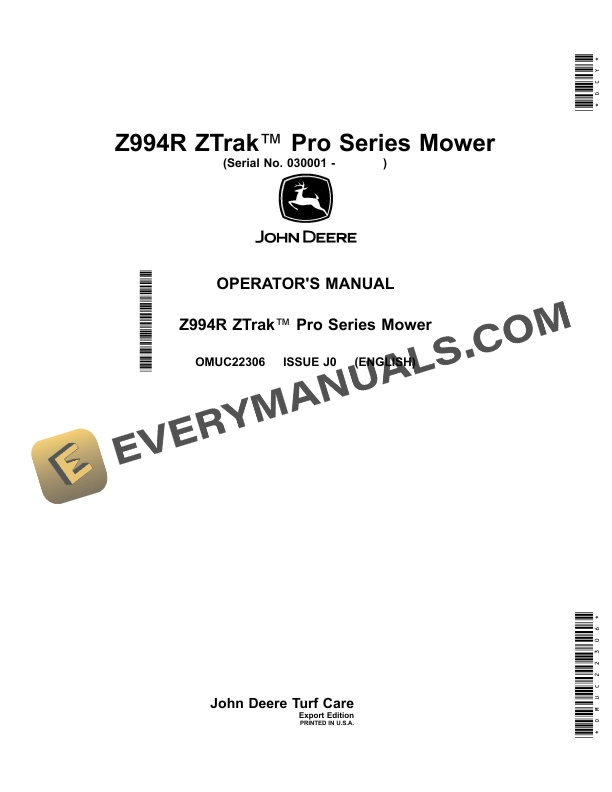John Deere Z994R ZTrak Pro Series Mower Operator Manual OMUC22306-1