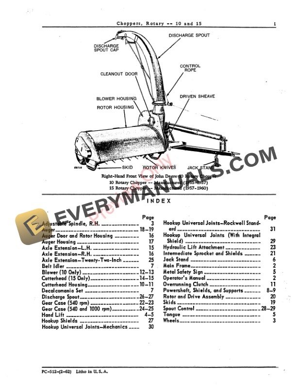 John Deere 10, 15 Rotary Chopper Parts Catalog PC512 01FEB62-3