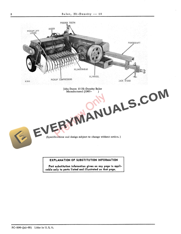 John Deere 10 Hi Density Baler Parts Catalog PC896 01JUL68-4
