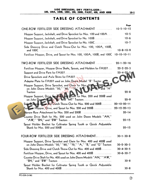 John Deere 100, 100A, 100B, 100C, 200, 200B, FA207, 400, 400B Side Dressers Parts Catalog PC239 01MAY58 4 John Deere 100, 100A, 100B, 100C, 200, 200B, FA207, 400, 400B Side Dressers Parts Catalog PC239 01MAY58-3