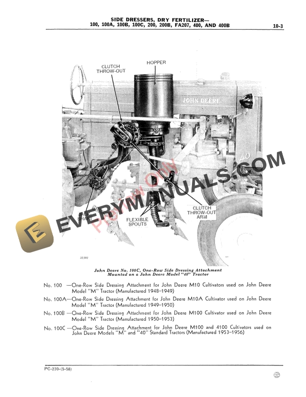 John Deere 100, 100A, 100B, 100C, 200, 200B, FA207, 400, 400B Side Dressers Parts Catalog PC239 01MAY58 6 John Deere 100, 100A, 100B, 100C, 200, 200B, FA207, 400, 400B Side Dressers Parts Catalog PC239 01MAY58-5
