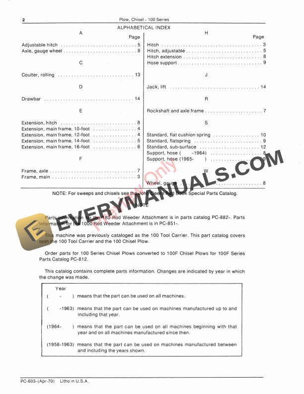 John Deere 100 Chisel Plow, Rigid Parts Catalog PC603 01APR70-4