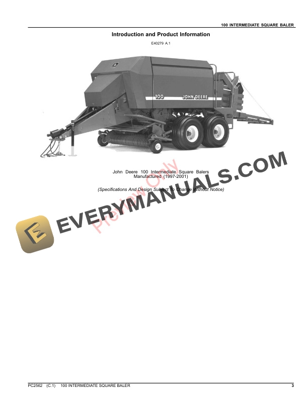John Deere 100 INTERMEDIATE SQUARE BALER Parts Catalog PC2562 18JUL23-3