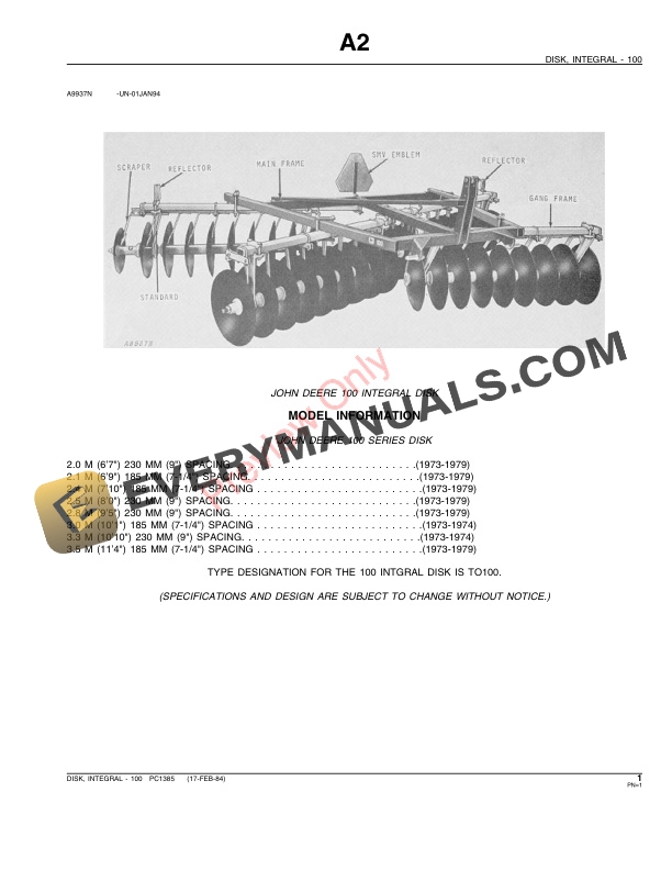 John Deere 100 Integral Disk Parts Catalog PC1385 17FEB84-3