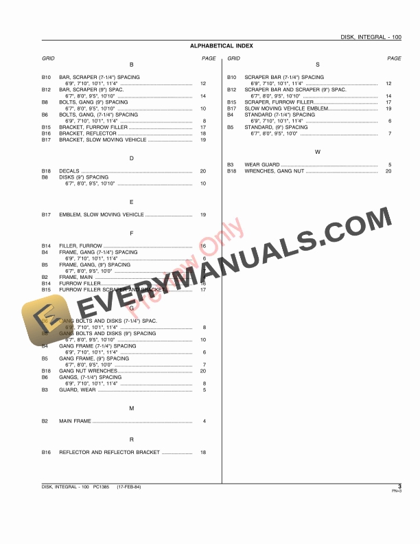 John Deere 100 Integral Disk Parts Catalog PC1385 17FEB84-5