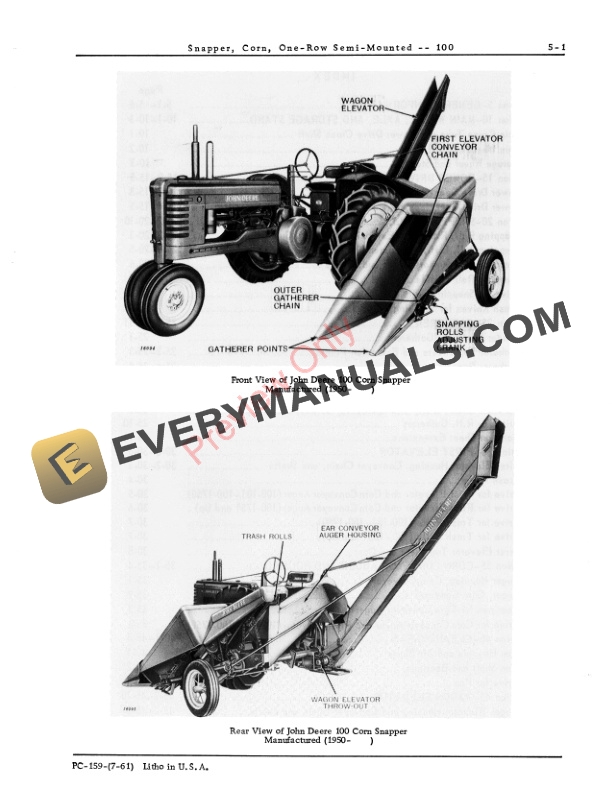 John Deere 100 One Row Semi-Mounted Corn Snapper Parts Catalog PC159 01JUL61-3
