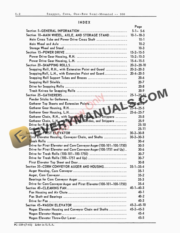 John Deere 100 One Row Semi-Mounted Corn Snapper Parts Catalog PC159 01JUL61-4