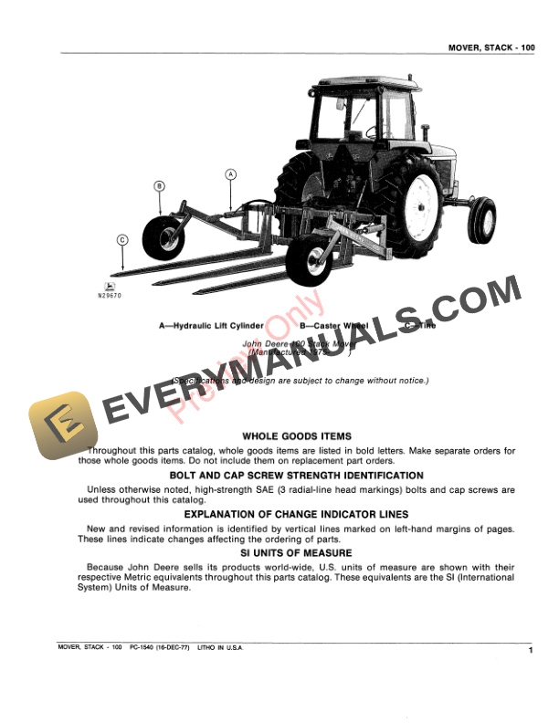 John Deere 100 Stack Mover Parts Catalog PC1540 16DEC77-3