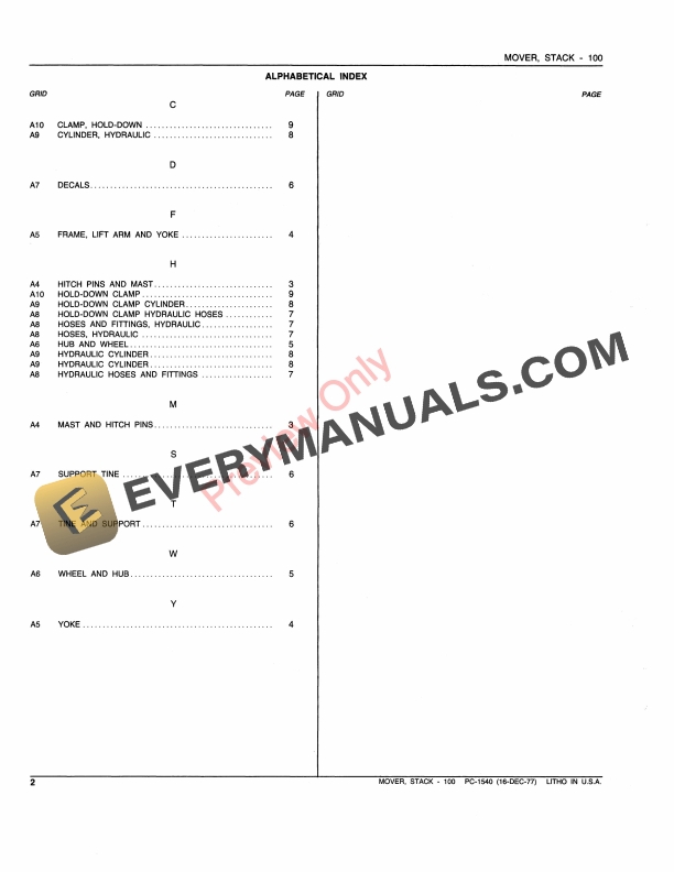 John Deere 100 Stack Mover Parts Catalog PC1540 16DEC77-4