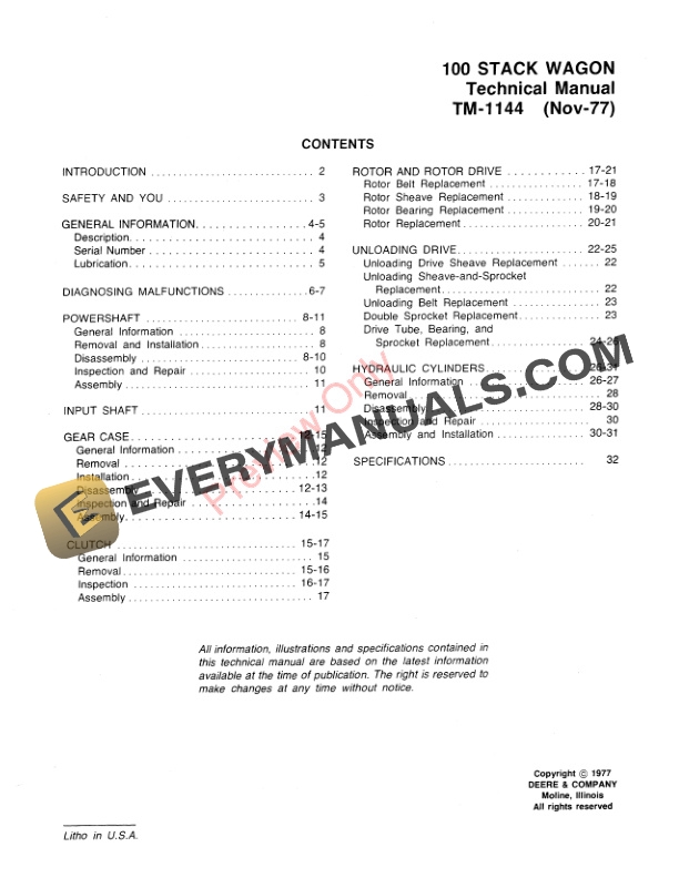 John Deere 100 Stack Wagon Technical Manual TM1144 01NOV77 3