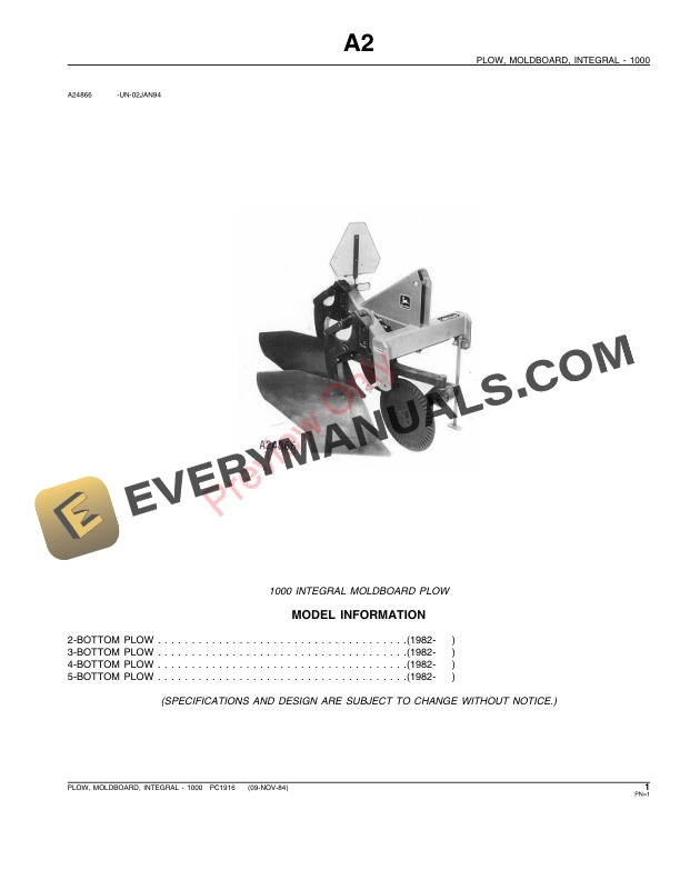 John Deere 1000 Integral Moldboard Plow Parts Catalog PC1916 09NOV84-3