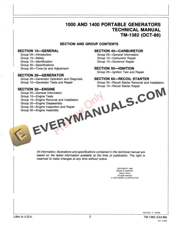 John Deere 1000 and 1400 PORTABLE GENERATOR Technical Manual TM1382 01SEP86 3