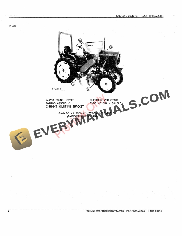 John Deere 100D, 250S Fertilizer Spreaders Parts Catalog PC2120 25MAR86-4