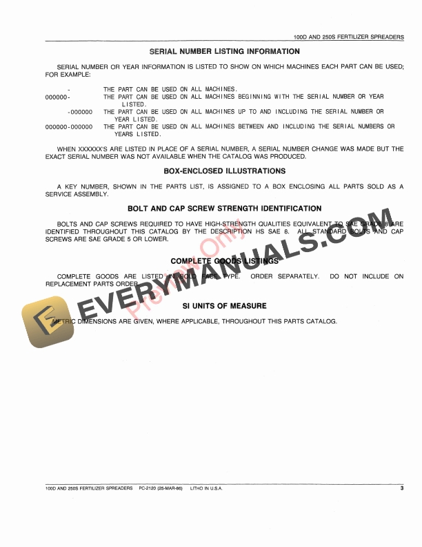 John Deere 100D, 250S Fertilizer Spreaders Parts Catalog PC2120 25MAR86-5