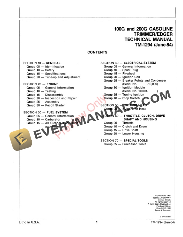 John Deere 100G and 200G TrimmerEdger Gas Technical Manual TM1294 01JUN84 3