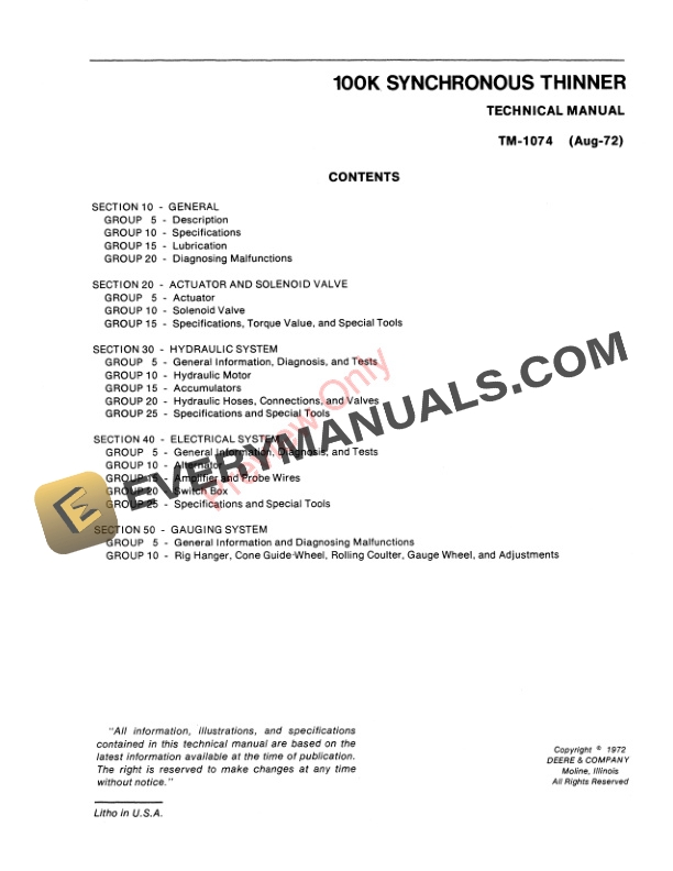 John Deere 100K Synchronous Thinner Technical Manual TM1074 01AUG72 3