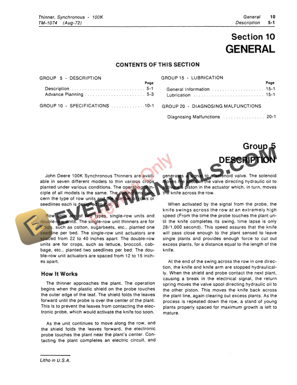 John Deere 100K Synchronous Thinner Technical Manual TM1074 01AUG72 5