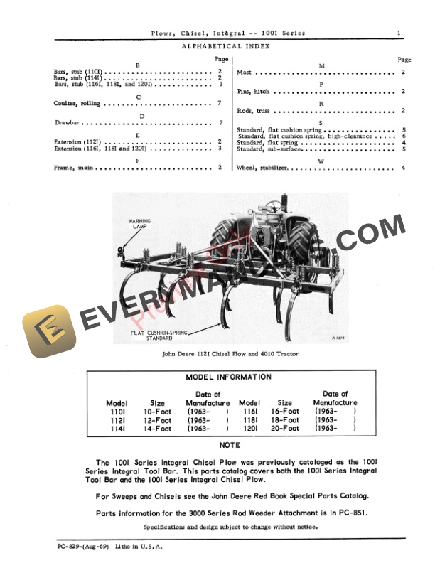 John Deere 100i Series Chisel Plows Parts List PC829 01AUG69-3