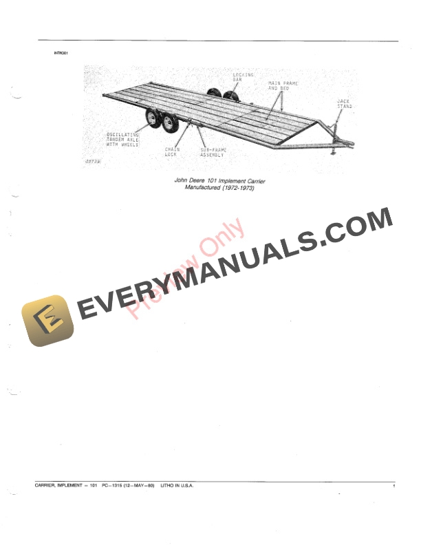 John Deere 101 Implement Carrier Parts Catalog PC1315 12MAY80-3
