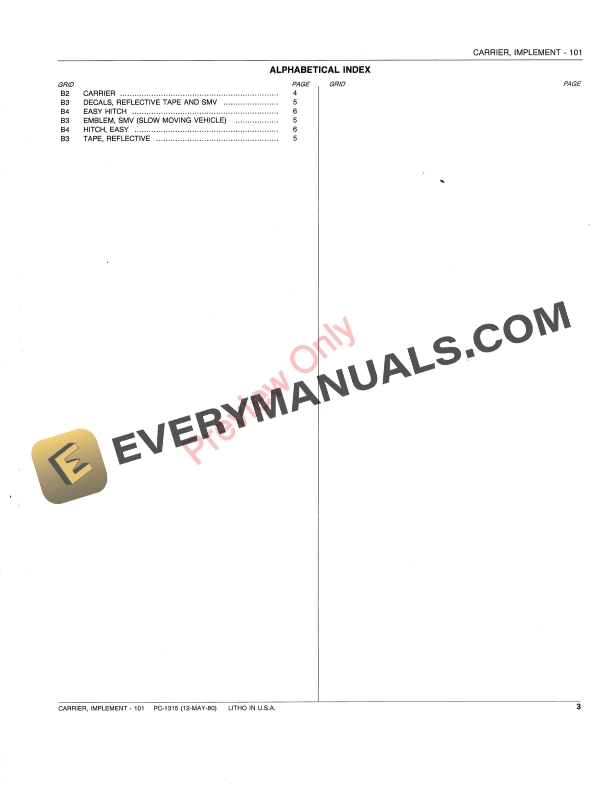 John Deere 101 Implement Carrier Parts Catalog PC1315 12MAY80-5